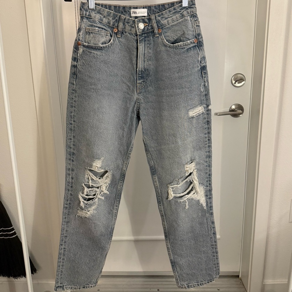 Zara Light Blue Distressed Boyfriend Jeans